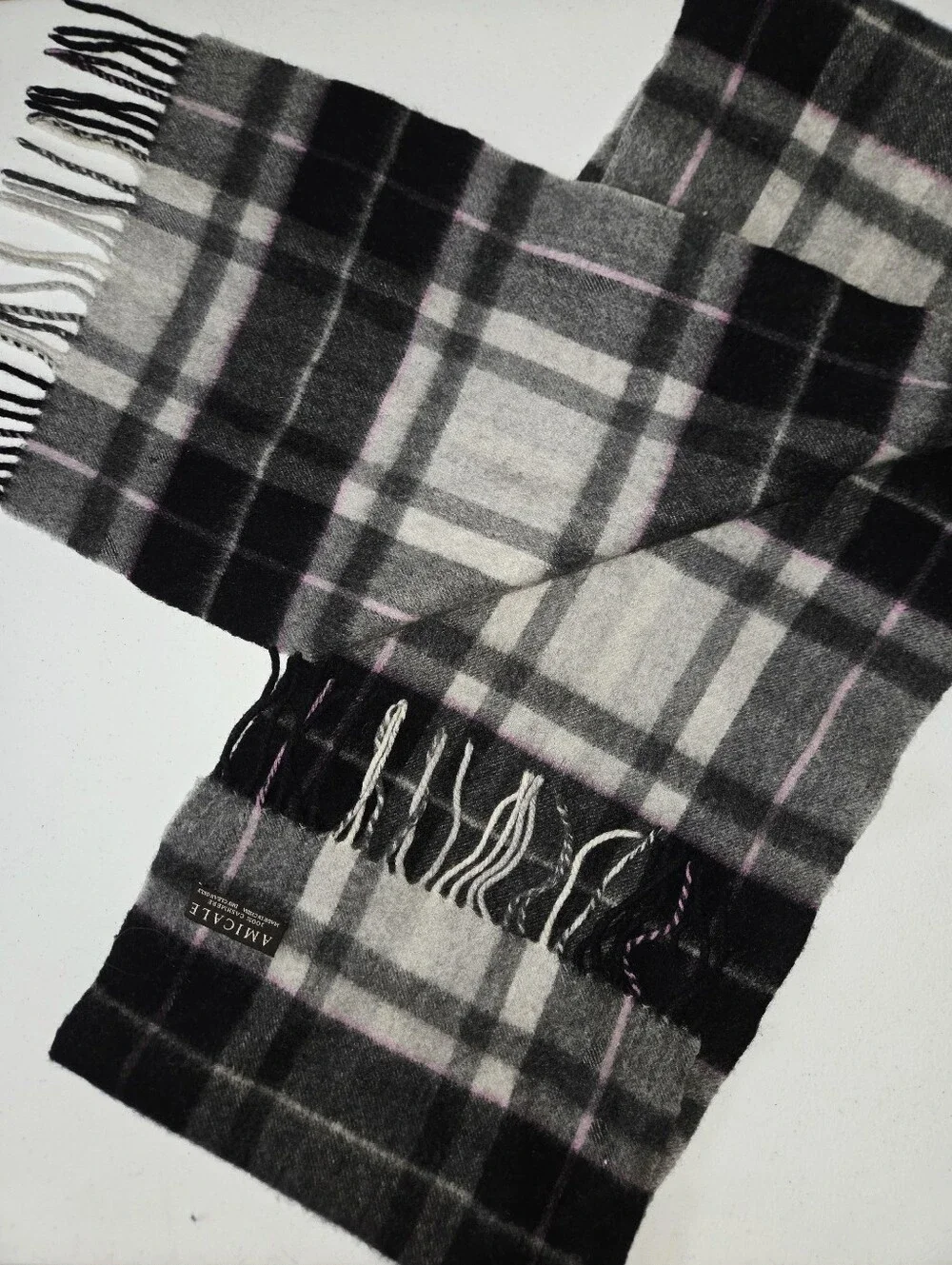 Amicale 100% Cashmere Plaid Scarf Gray Black Pink Luxury Vintage